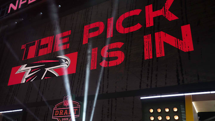 Apr 24, 2025; Green Bay, WI, USA; The Atlanta Falcons logo is projected on the video board during the NFL Draft at Lambeau Field. Mandatory Credit: Kirby Lee-Imagn Images Apr 24, 2025; Green Bay, WI, USA; The Atlanta Falcons logo is projected on the video board during the NFL Draft at Lambeau Field. Mandatory Credit: Kirby Lee-Imagn Images