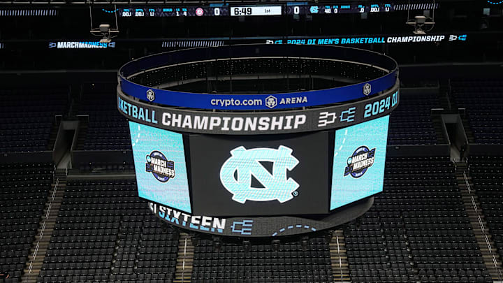 Mar 27, 2024; Los Angeles, CA, USA; The North Carolina Tar Heels logo on the video board during practice prior to NCAA Tournament at West Regional at Crypto.com Arena. Mandatory Credit: Kirby Lee-Imagn Images