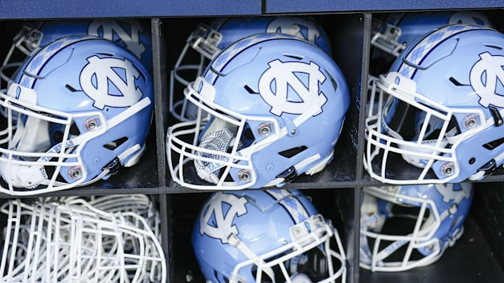 Sep 2, 2023; Charlotte, North Carolina, USA; North Carolina Tar Heels helmets during the first quarter against the South Carolina Gamecocks at Bank of America Stadium. 