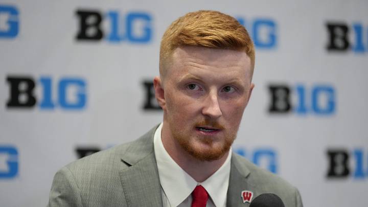Jul 23, 2025; Las Vegas, NV, USA; Wisconsin quarterback Billy Edwards Jr. speaks to the media during the Big Ten NCAA college football media days at Mandalay Bay Resort. Mandatory Credit: Lucas Peltier-Imagn Images Jul 23, 2025; Las Vegas, NV, USA; Wisconsin quarterback Billy Edwards Jr. speaks to the media during the Big Ten NCAA college football media days at Mandalay Bay Resort. Mandatory Credit: Lucas Peltier-Imagn Images