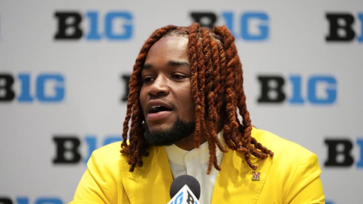Jul 22, 2025; Las Vegas, NV, USA; Maryland linebacker Daniel Wingate speaks to the media during the Big Ten NCAA college football media days at Mandalay Bay Resort. Mandatory Credit: Lucas Peltier-Imagn Images