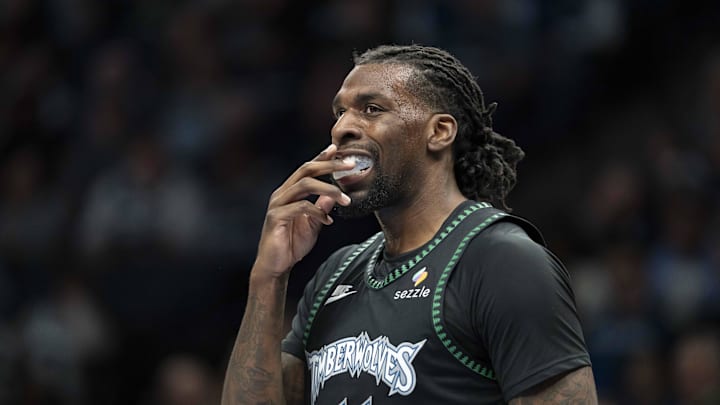 Oct 26, 2025; Minneapolis, Minnesota, USA; Minnesota Timberwolves center Naz Reid (11) looks on against the Indiana Pacers in the second half at Target Center. Mandatory Credit: Jesse Johnson-Imagn Images