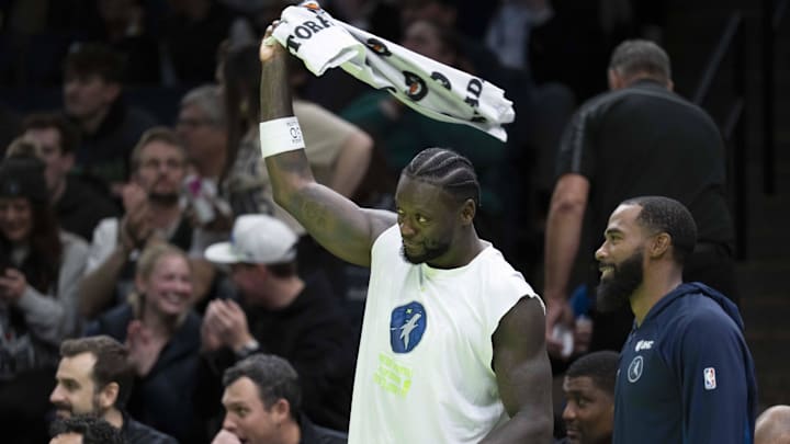 Nov 7, 2025; Minneapolis, Minnesota, USA; Minnesota Timberwolves forward Julius Randle (30) celebrates from the bench against the Utah Jazz in the second half at Target Center. Mandatory Credit: Jesse Johnson-Imagn Images