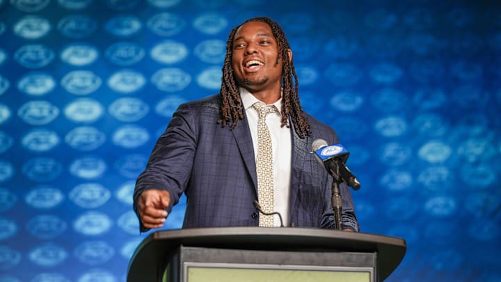 Jul 25, 2023; Charlotte, NC, USA;  Georgia Tech offensive lineman Jordan Williams answers questions during ACC Media Days at The Westin Charlotte. Mandatory Credit: Jim Dedmon-Imagn Images
