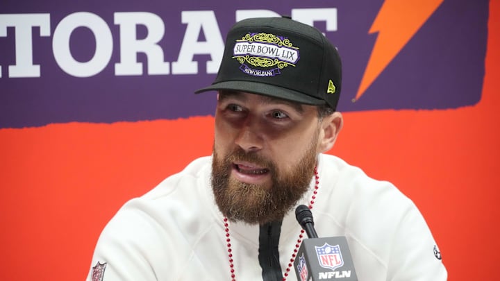 Feb 3, 2025; New Orleans, LA, USA;  Kansas City Chiefs tight end Travis Kelce (87) during Super Bowl LIX Opening Night at Ceasars Superdome. Mandatory Credit: Kirby Lee-Imagn Images