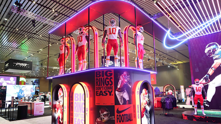 Feb 4, 2025; New Orleans, LA, USA; A Nike football display featuring the uniform and helmet of Kansas City Chiefs running back Isiah Pacheco (10) at the NFL Shop at the Super Bowl LIX Experience at the Ernest N. Morial Convention Center. Mandatory Credit: Kirby Lee-Imagn Images