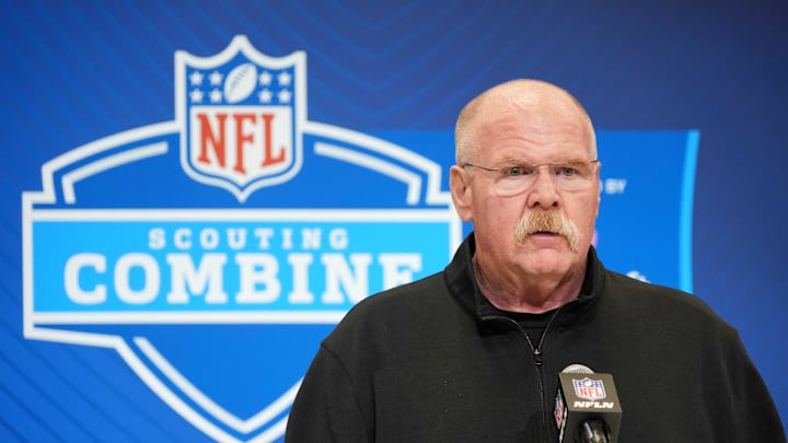 Feb 25, 2025; Indianapolis, IN, USA; Kansas City Chiefs oach Andy Reid speaks during the NFL Scouting Combine at the Indiana Convention Center. Mandatory Credit: Kirby Lee-Imagn Images