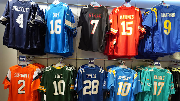 Oct 17, 2024; London, United Kingdom; 
The jerseys of Dallas Cowboys quarterback Dak Prescott (4), Detroit Lions quarterback Jared Goff (16), Houston Texans quarterback CJ Stroud (7), Kansas City Chiefs quarterback Patrick Mahomes (15), Los Angeles Rams quarterback Matthew Stafford (9), Denver Broncos cornerback Patrick Surtain II (2), Green Bay Packers quarterback Jordan Love (10), Indianapolis Colts running back Jonathan Taylor (28), Los Angeles Chargers quarterback Justin Herbert (10) and
