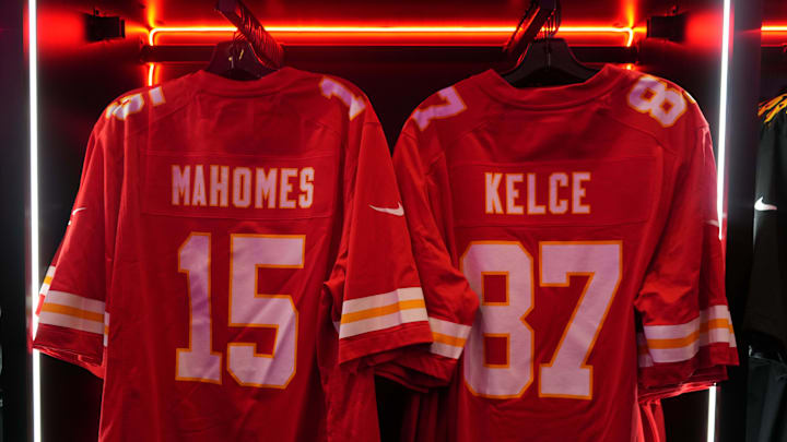 Feb 4, 2025; New Orleans, LA, USA; The Nike football jerseys of Kansas City Chiefs quarterback Patrick Mahomes (15) and tight end Travis Kelce (87) at the NFL Shop at the Super Bowl LIX Experience at the Ernest N. Morial Convention Center. Mandatory Credit: Kirby Lee-Imagn Images