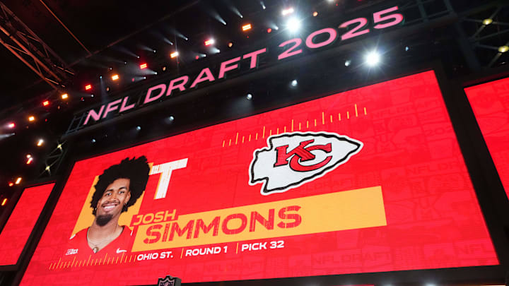 Apr 24, 2025; Green Bay, WI, USA; Ohio State Buckeyes tackle Josh Simmons is selected as the No. 32 pick by the Kansas City Chiefs during the NFL Draft at Lambeau Field. Mandatory Credit: Kirby Lee-Imagn Images