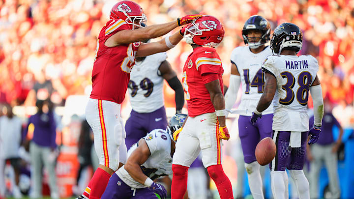Sep 28, 2025; Kansas City, Missouri, USA;  Kansas City Chiefs wide receiver JuJu Smith-Schuster (9) and Kansas City Chiefs tight end Travis Kelce (87) celebrate after a play during the third quarter against the Baltimore Ravens at GEHA Field at Arrowhead Stadium. Mandatory Credit: Jay Biggerstaff-Imagn Images
