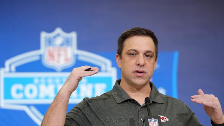Feb 24, 2026; Indianapolis, IN, USA; Kansas City Chiefs general manager Brett Veach speaks at the NFL Scouting Combine at the Indiana Convention Center. Mandatory Credit: Kirby Lee-Imagn Images
