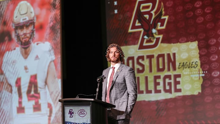 Jul 27, 2023; Charlotte, NC, USA; Boston College quarterback Emmett Morehead answers questions from the media during the ACC 2023 Kickoff at The Westin Charlotte. Mandatory Credit: Jim Dedmon-Imagn Images