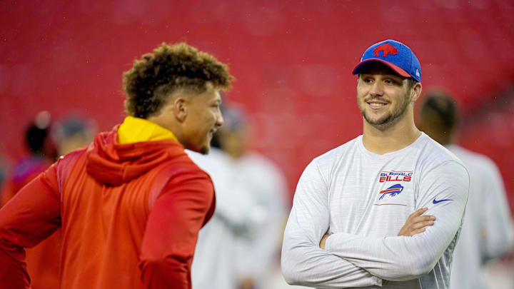 Oct 10, 2021; Kansas City, Missouri, USA; Buffalo Bills quarterback Josh Allen (17) talks with Kansas City Chiefs quarterback Patrick Mahomes (15) before the game at GEHA Field at Arrowhead Stadium.