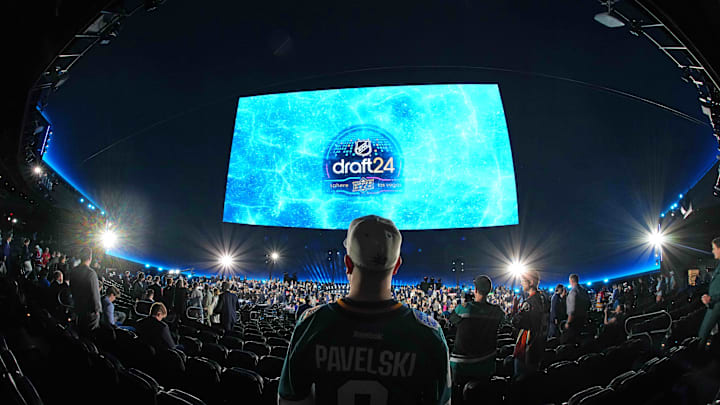 Jun 28, 2024; Las Vegas, Nevada, USA; A San Jose Sharks fan look on prior to the first round of the 2024 NHL Draft at The Sphere. Mandatory Credit: Joe Camporeale-Imagn Images Jun 28, 2024; Las Vegas, Nevada, USA; A San Jose Sharks fan look on prior to the first round of the 2024 NHL Draft at The Sphere. Mandatory Credit: Joe Camporeale-Imagn Images