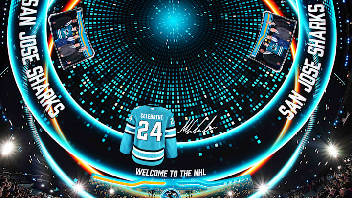 Jun 28, 2024; Las Vegas, Nevada, USA; Macklin Celebrini is selected with the 1st overall pick of the 2024 NHL Draft by the San Jose Sharks at The Sphere. Mandatory Credit: Joe Camporeale-Imagn Images