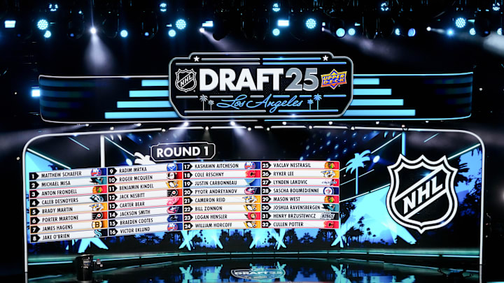 Jun 27, 2025; Los Angeles, California, USA; The draft board is seen following the first round of the 2025 NHL Draft at Peacock Theater. Mandatory Credit: Kirby Lee-Imagn Images