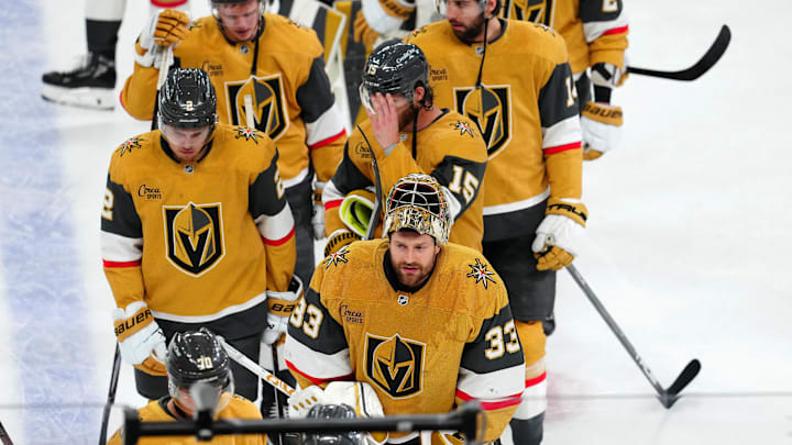 May 14, 2025; Las Vegas, Nevada, USA; Vegas Golden Knights players leave the ice after the Edmonton Oilers defeated the Vegas Golden Knights 1-0 during an overtime period, completing a 4-1 series win during game five of the second round of the 2025 Stanley Cup Playoffs at T-Mobile Arena. Mandatory Credit: Stephen R. Sylvanie-Imagn Images