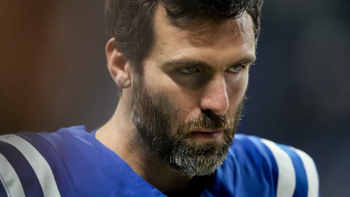 Indianapolis Colts quarterback Joe Flacco (15) leaves the field Sunday, Jan. 5, 2025, after defeating the Jacksonville Jaguars 26-23 in overtime at Lucas Oil Stadium in Indianapolis. Indianapolis Colts quarterback Joe Flacco (15) leaves the field Sunday, Jan. 5, 2025, after defeating the Jacksonville Jaguars 26-23 in overtime at Lucas Oil Stadium in Indianapolis.