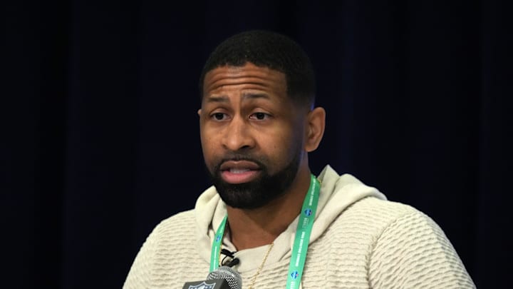 Feb 27, 2024; Indianapolis, IN, USA Cleveland Browns general manager Andrew Berry speaks during a press conference at the NFL Scouting Combine at Indiana Convention Center. Mandatory Credit: Kirby Lee-Imagn Images