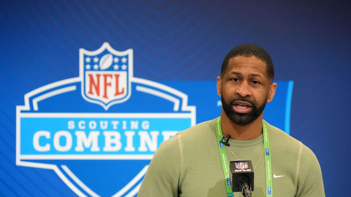 Feb 25, 2025; Indianapolis, IN, USA; Cleveland Browns general manager Andrew Berry speaks during the NFL Scouting Combine at the Indiana Convention Center. Mandatory Credit: Kirby Lee-Imagn Images
