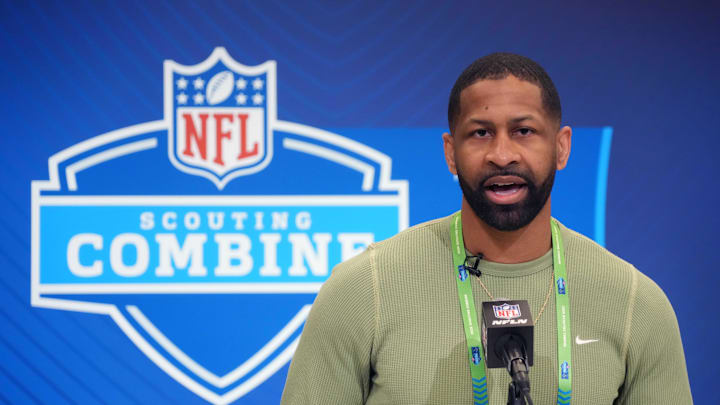 Feb 25, 2025; Indianapolis, IN, USA; Cleveland Browns general manager Andrew Berry speaks during the NFL Scouting Combine at the Indiana Convention Center. Mandatory Credit: Kirby Lee-Imagn Images
