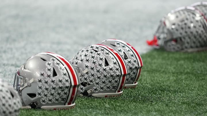 Jan 18, 2025; Atlanta, GA, USA; A Ohio State Buckeyes helmets on the field during practice at Mercedes-Benz Stadium. Mandatory Credit: Kirby Lee-Imagn Images