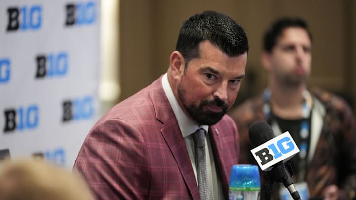 Jul 22, 2025; Las Vegas, NV, USA; Ohio State head coach Ryan Day speaks to the media during the Big Ten NCAA college football media days at Mandalay Bay Resort. Mandatory Credit: Lucas Peltier-Imagn Images