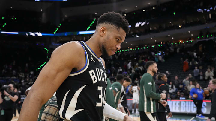 Jan 23, 2026; Milwaukee, Wisconsin, USA;  Milwaukee Bucks forward Giannis Antetokounmpo (34) following the game against the Denver Nuggets at Fiserv Forum. Mandatory Credit: Jeff Hanisch-Imagn Images