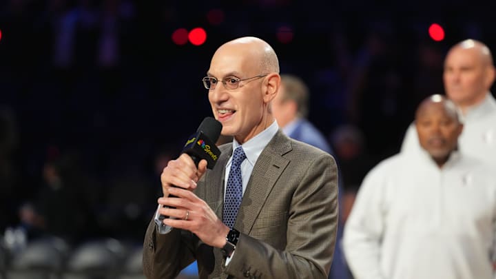 Feb 15, 2026; Inglewood, California, USA; NBA commissioner Adam Silver speaks to media after the 75th NBA All Star Game at Intuit Dome. Mandatory Credit: Kirby Lee-Imagn Images