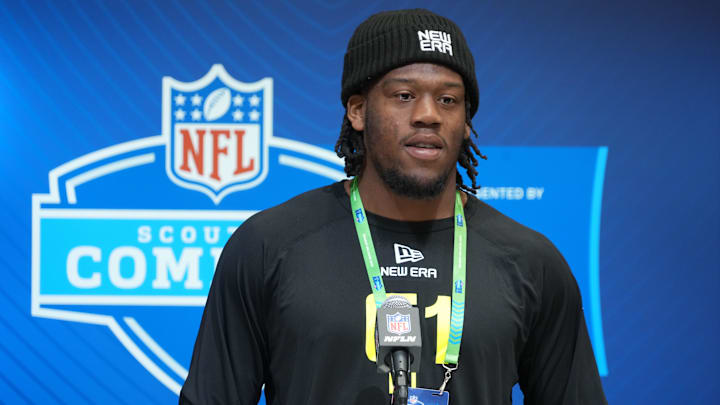 Feb 26, 2025; Indianapolis, IN, USA; SMU defensive lineman Elijah Roberts (DL61) during the 2025 NFL Scouting Combine at the Indiana Convention Center. Mandatory Credit: Kirby Lee-Imagn Images