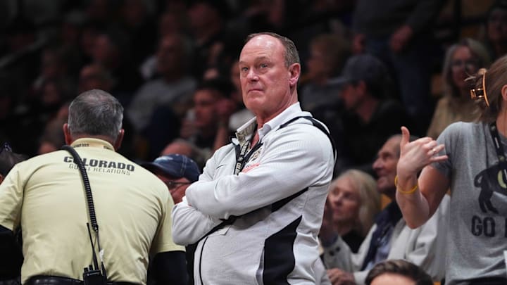 Mar 3, 2024; Boulder, Colorado, USA; Colorado Buffaloes athletic director Rick George during the second half against the Stanford Cardinal at the CU Events Center. Mandatory Credit: Ron Chenoy-Imagn Images