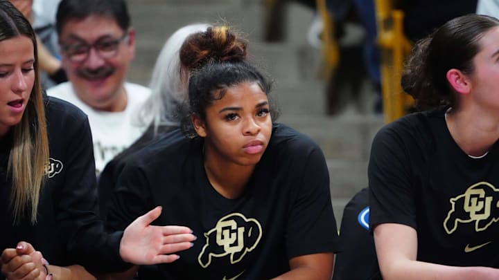 Jan 19, 2024; Boulder, Colorado, USA; Colorado Buffaloes guard Shelomi Sanders (22) on the bench in the fourth quarter against the UCLA Bruins at the CU Events Center. Mandatory Credit: Ron Chenoy-Imagn Images
\v11 Jan 19, 2024; Boulder, Colorado, USA; Colorado Buffaloes guard Shelomi Sanders (22) on the bench in the fourth quarter against the UCLA Bruins at the CU Events Center. Mandatory Credit: Ron Chenoy-Imagn Images
\v11