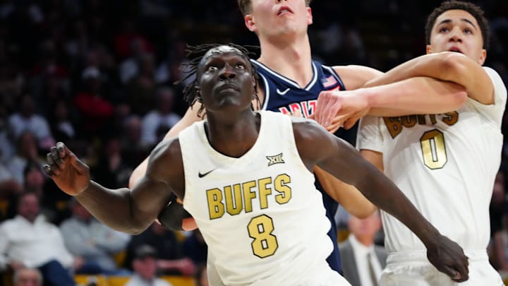 Mar 7, 2026; Boulder, Colorado, USA; Colorado Buffaloes forward Bangot Dak (8) blocks out in the first half against the Arizona Wildcats at the CU Events Center. Mandatory Credit: Ron Chenoy-Imagn Images Mar 7, 2026; Boulder, Colorado, USA; Colorado Buffaloes forward Bangot Dak (8) blocks out in the first half against the Arizona Wildcats at the CU Events Center. Mandatory Credit: Ron Chenoy-Imagn Images