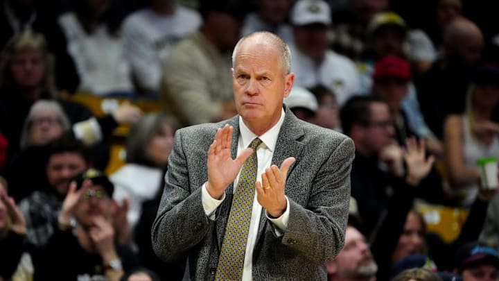 Mar 7, 2026; Boulder, Colorado, USA; Colorado Buffaloes head coach Tad Boyle reacts in the first half against the Arizona Wildcats at the CU Events Center. Mandatory Credit: Ron Chenoy-Imagn Images