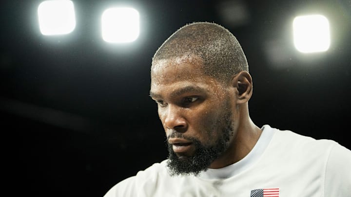 United States guard Kevin Durant (7) in the men's basketball gold medal game during the Paris 2024 Olympic Summer Games at Accor Arena. 