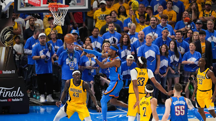 Jun 22, 2025; Oklahoma City, Oklahoma, USA; Oklahoma City Thunder guard Shai Gilgeous-Alexander (2) passes the ball during the second quarter against the Indiana Pacers during game seven of the 2025 NBA Finals at Paycom Center. Mandatory Credit: Alonzo Adams-Imagn Images Jun 22, 2025; Oklahoma City, Oklahoma, USA; Oklahoma City Thunder guard Shai Gilgeous-Alexander (2) passes the ball during the second quarter against the Indiana Pacers during game seven of the 2025 NBA Finals at Paycom Center. Mandatory Credit: Alonzo Adams-Imagn Images