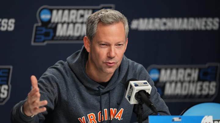 Mar 19, 2026; Philadelphia, PA, USA; Virginia Cavaliers head coach Ryan Odom conducts a press conference during a practice session ahead of the first round of the men's 2026 NCAA Tournament at Xfinity Mobile Arena. Mandatory Credit: Kyle Ross-Imagn Images