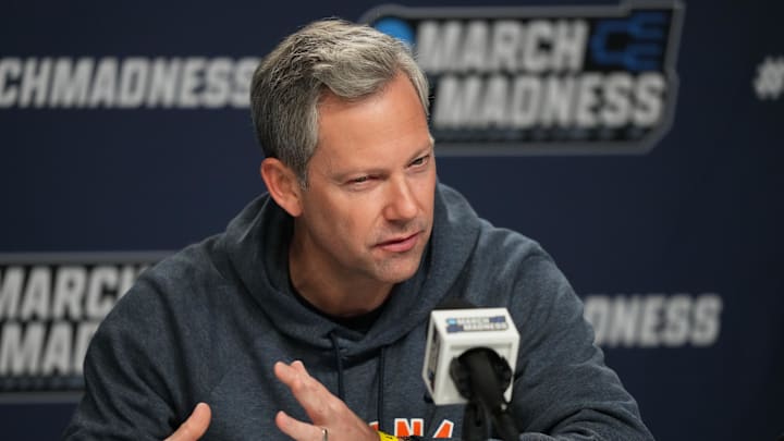 Mar 19, 2026; Philadelphia, PA, USA; Virginia Cavaliers head coach Ryan Odom conducts a press conference during a practice session ahead of the first round of the men's 2026 NCAA Tournament at Xfinity Mobile Arena. Mandatory Credit: Kyle Ross-Imagn Images Mar 19, 2026; Philadelphia, PA, USA; Virginia Cavaliers head coach Ryan Odom conducts a press conference during a practice session ahead of the first round of the men's 2026 NCAA Tournament at Xfinity Mobile Arena. Mandatory Credit: Kyle Ross-Imagn Images