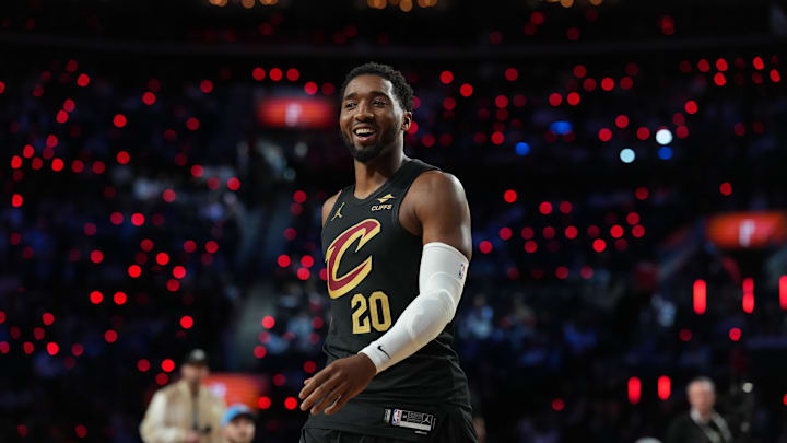 Feb 14, 2026; Los Angeles, CA, USA; Cleveland Cavaliers guard Donovan Mitchell (45) competes in the three point contest during the 2026 NBA All Star Saturday Night at Intuit Dome. Mandatory Credit: Kirby Lee-Imagn Images