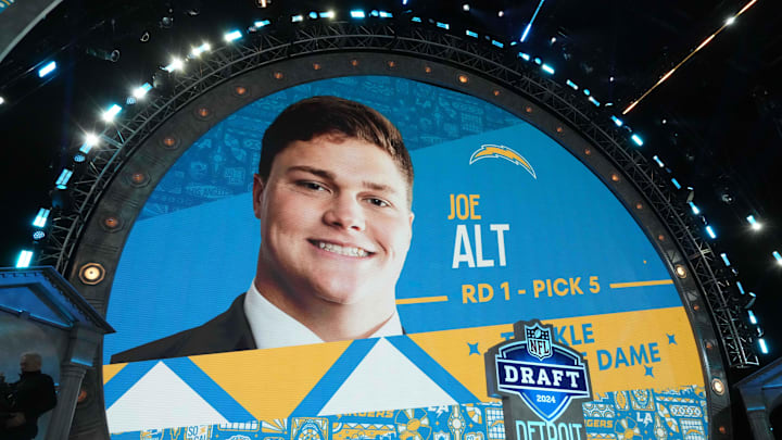 Apr 25, 2024; Detroit, MI, USA; Notre Dame Fighting Irish lineman Joe Alt is selected as the No. 5 pick of the first round by the Los Angeles Chargers during the 2024 NFL Draft at Campus Martius Park and Hart Plaza. Mandatory Credit: Kirby Lee-Imagn Images Apr 25, 2024; Detroit, MI, USA; Notre Dame Fighting Irish lineman Joe Alt is selected as the No. 5 pick of the first round by the Los Angeles Chargers during the 2024 NFL Draft at Campus Martius Park and Hart Plaza. Mandatory Credit: Kirby Lee-Imagn Images
