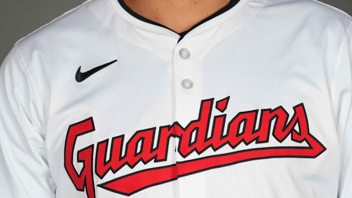 Feb 22, 2024; Goodyear, AZ, USA; The details of a Nike Cleveland Guardians jersey during Media Day at the Cleveland Guardians Spring Training Facility Mandatory Credit: Joe Camporeale-Imagn Images