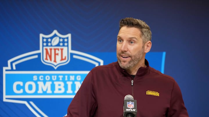 Washington Commanders general manager Adam Peters speaks during the NFL Scouting Combine.