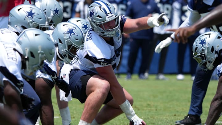 Jul 22, 2025; Oxnard, CA, USA; A general overall view as Dallas Cowboys center Brock Hoffman snaps the ball at the line of scrimmage during training camp at the River Ridge Fields. 