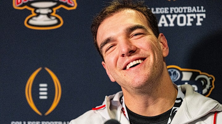 Georgia quarterback Gunner Stockton (14) takes questions from the press during the Sugar Bowl and College Football Playoff quarterfinals Media Day at Sheraton New Orleans Hotel in New Orleans, La., on Tuesday, Dec. 30, 2025. Players and coaches from Ole Miss and Georgia took questions from the press.