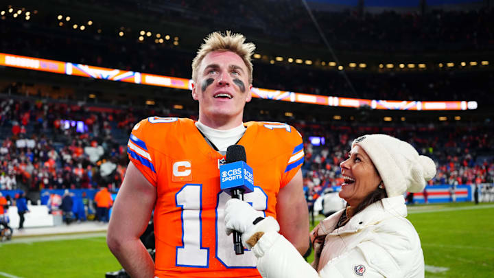 Jan 5, 2025; Denver, Colorado, USA; CBS Sports reporter Tracy Wolfson interviews Denver Broncos quarterback Bo Nix (10) following the win against the Kansas City Chiefs at Empower Field at Mile High. Mandatory Credit: Ron Chenoy-Imagn Images Jan 5, 2025; Denver, Colorado, USA; CBS Sports reporter Tracy Wolfson interviews Denver Broncos quarterback Bo Nix (10) following the win against the Kansas City Chiefs at Empower Field at Mile High. Mandatory Credit: Ron Chenoy-Imagn Images