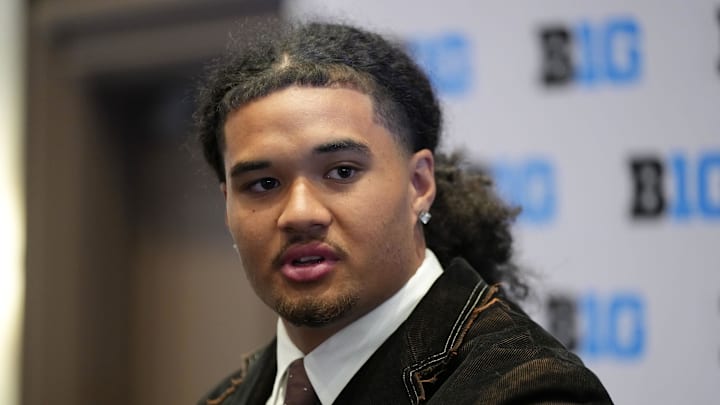 Jul 23, 2025; Las Vegas, NV, USA; Oregon defensive end Matayo Uiagalelei speaks to the media during the Big Ten NCAA college football media days at Mandalay Bay Resort. 