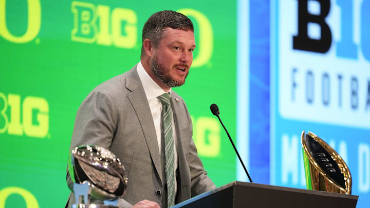 Jul 23, 2025; Las Vegas, NV, USA; Oregon head coach Dan Lanning speaks to the media during the Big Ten NCAA college football media days at Mandalay Bay Resort. Mandatory Credit: Lucas Peltier-Imagn Images