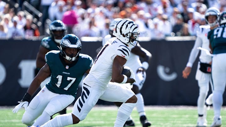 Cincinnati Bengals wide receiver Ja'Marr Chase (1) makes a catch for a first down as Philadelphia Eagles linebacker Nakobe Dean (17) guards him in the first quarter of the NFL game at Paycor Stadium in Cincinnati on Sunday, Oct. 27, 2024. Cincinnati Bengals wide receiver Ja'Marr Chase (1) makes a catch for a first down as Philadelphia Eagles linebacker Nakobe Dean (17) guards him in the first quarter of the NFL game at Paycor Stadium in Cincinnati on Sunday, Oct. 27, 2024.