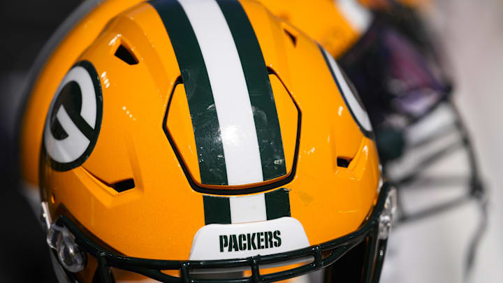 Sep 29, 2024; Green Bay, Wisconsin, USA;  General view of Green Bay Packers helmets prior to the game against the Minnesota Vikings at Lambeau Field. Mandatory Credit: Jeff Hanisch-Imagn Images